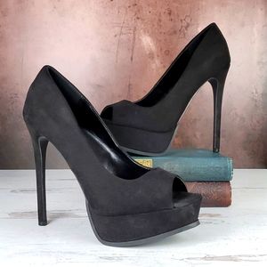 Fashion Nova | Black Vegan Suede Glam Goth Pin-Up Burlesque Platform Heels
